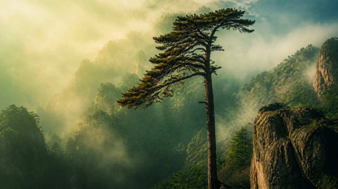 A lone pine growing on a cliff in the morning mist